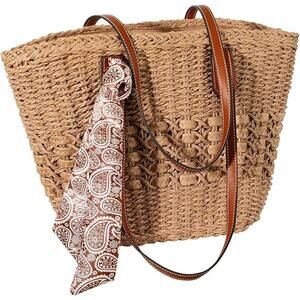 New Trifabricy (no sash) Tan Woven Straw Double Handle Shoulder Purse Handbag